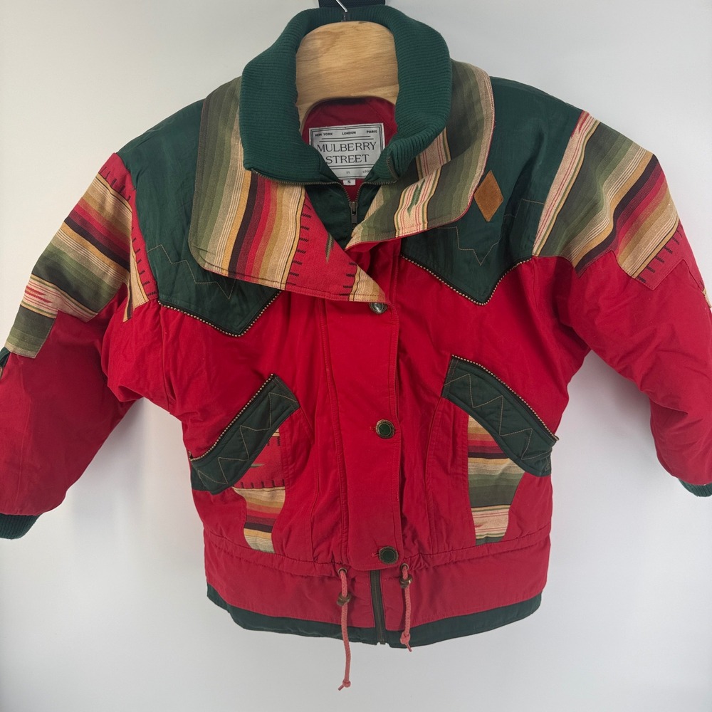 Vintage Mulberry Street Southwestern Colorblock Ski Jacket Red Green Small 25332